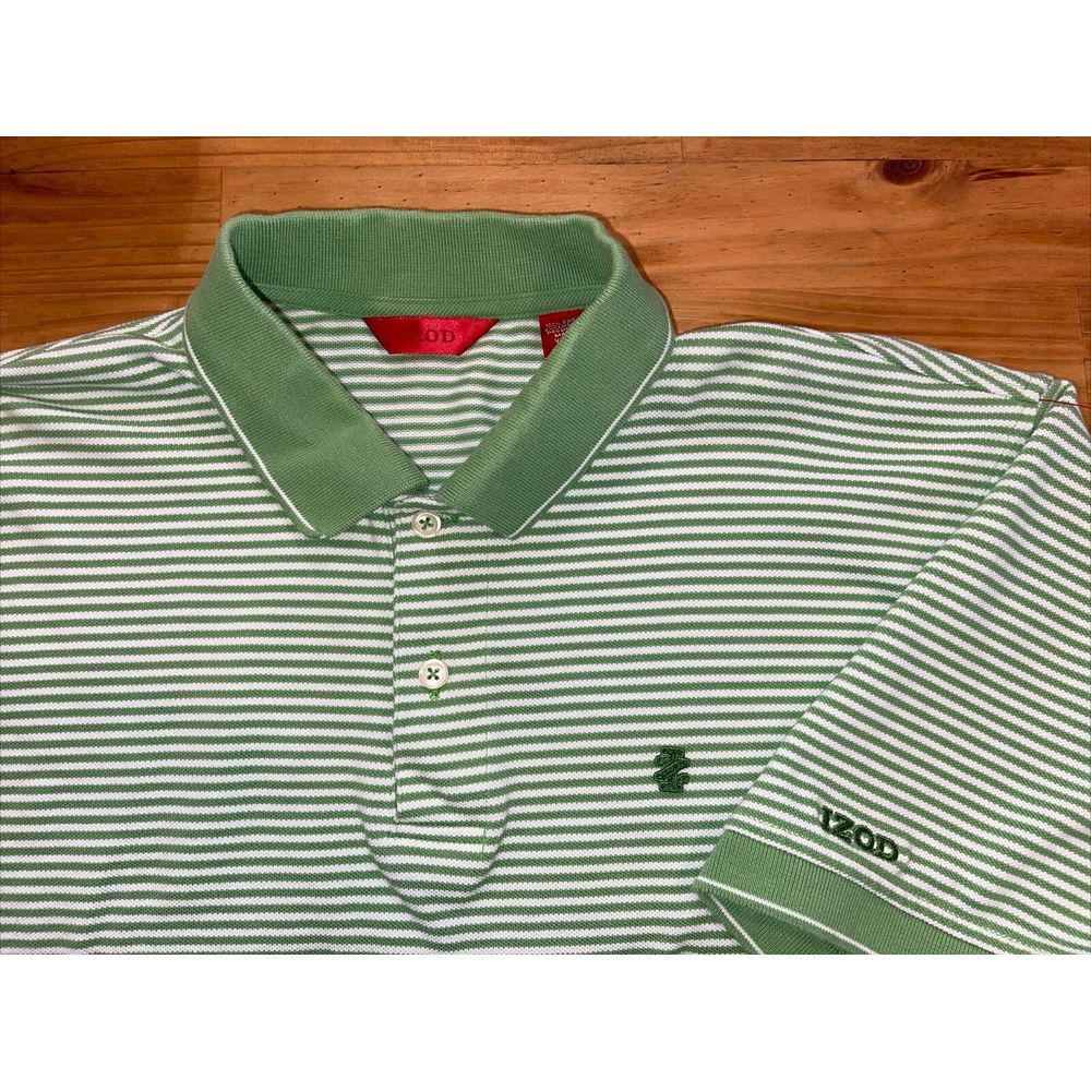 Izod Green Striped‎ Men's XL Polo Logo Embroidery Short Sleeve Shirt